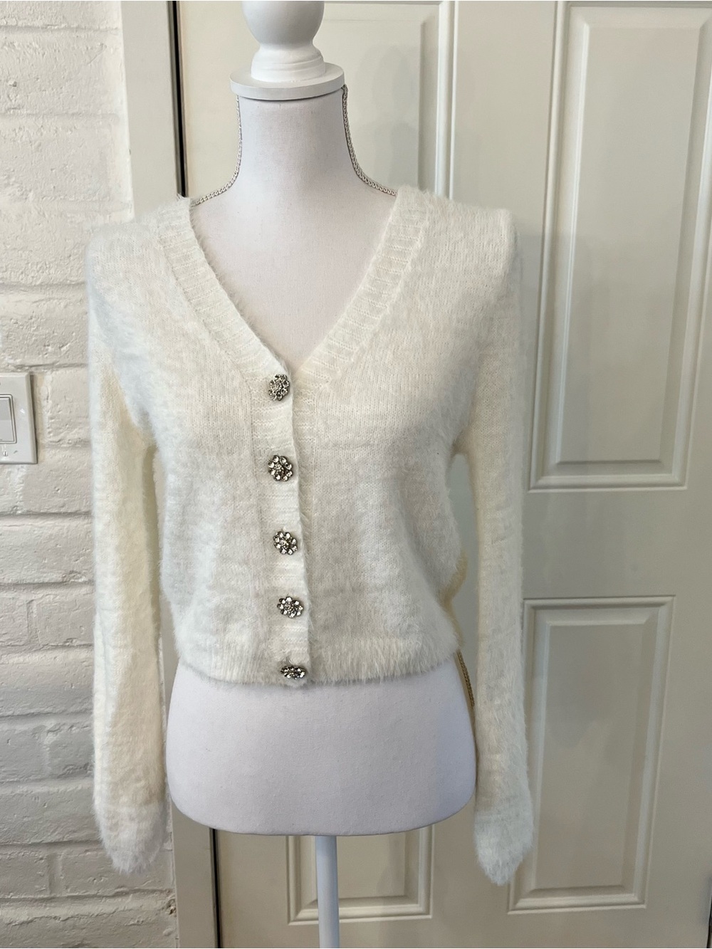 Dashing Darling Ivory Eyelash Knit Rhinestone Cardigan Sweater Size Sm -258